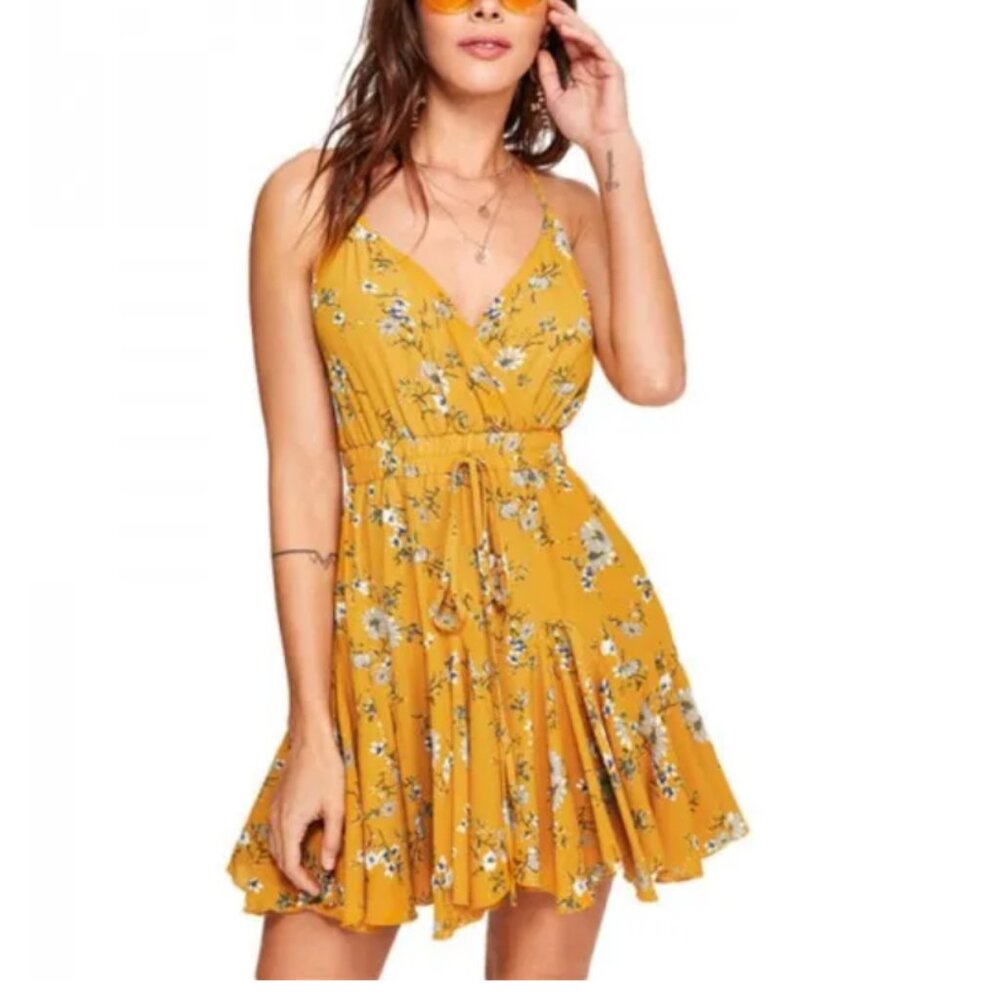 Yellow Floral Romper Flare Summer Size M